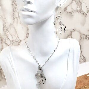 Skeleton Unicorn Silver Look Earrings or Pendant Necklace